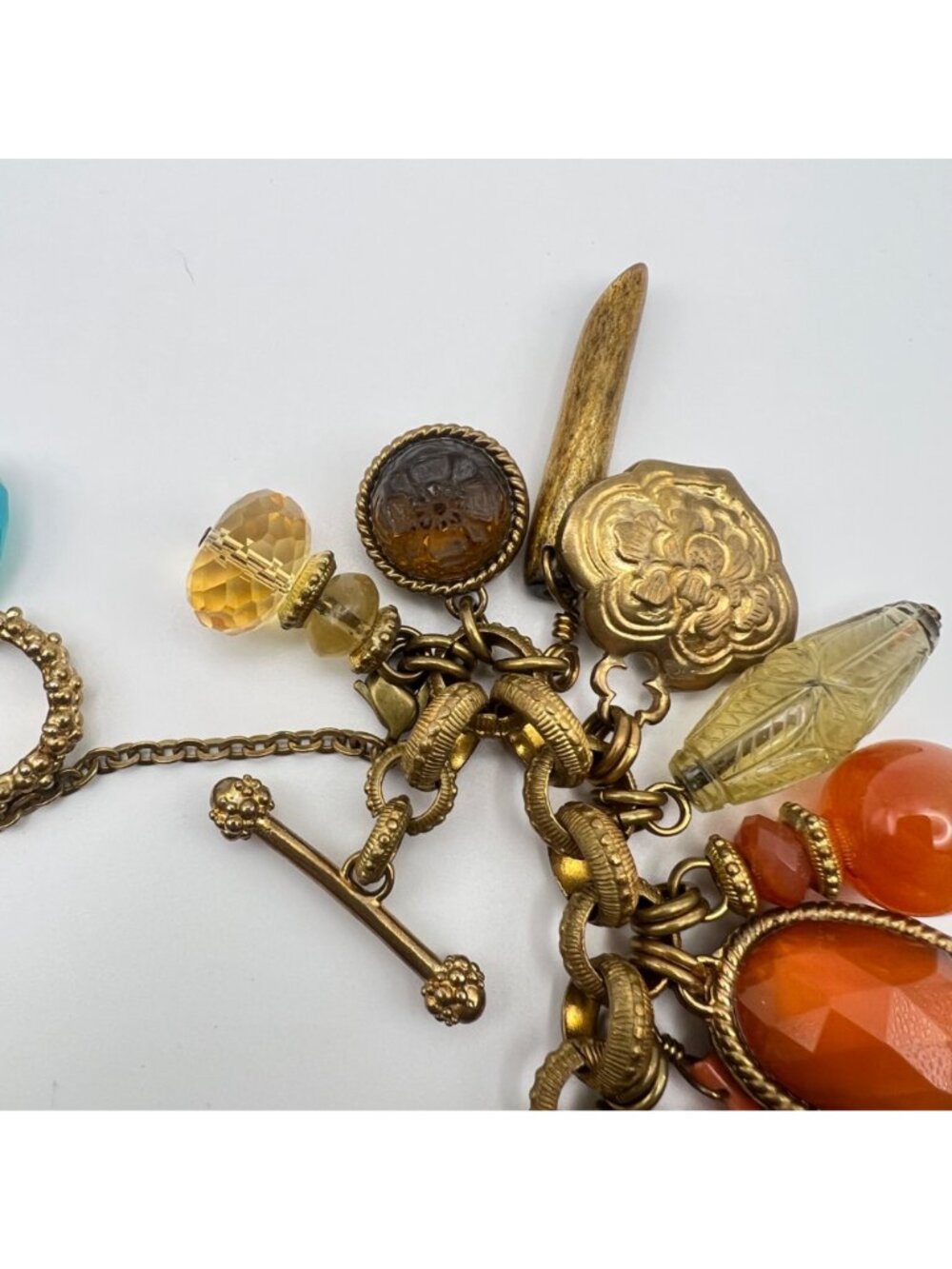 Stephen Dweck Charm Bracelet Vintage Bronze Turquoise Carnelian Gemstone - Picture 10 of 16
